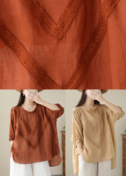 Organic Brick Red Oversized Lace Patchwork Linen Top Summer