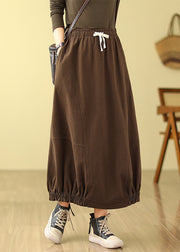 Organic Brown Elastic Waist Patchwork Wrinkled Cotton Skirts Spring