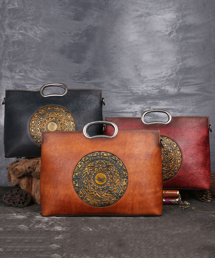 Organic Brown Rectangle Jacquard Calf Leather Tote Handbag