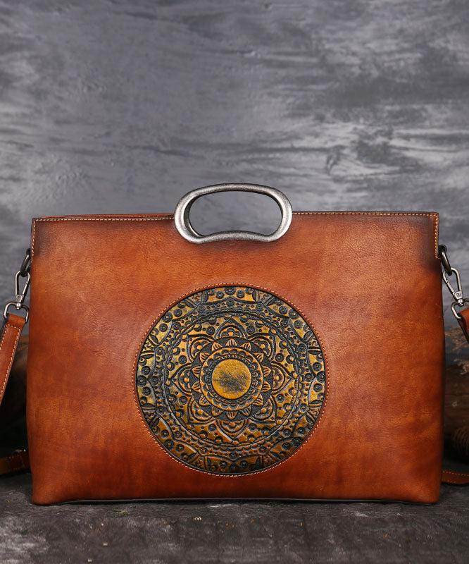 Organic Brown Rectangle Jacquard Calf Leather Tote Handbag