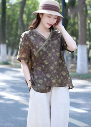 Organic Brown V Neck Print Lace Up Patchwork Linen Top Summer