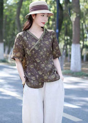 Organic Brown V Neck Print Lace Up Patchwork Linen Top Summer