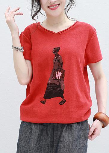 Organic Cartoon print v neck cotton Long Shirts red silhouette summer shirt - SooLinen