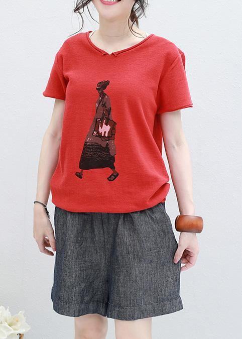 Organic Cartoon print v neck cotton Long Shirts red silhouette summer shirt - SooLinen