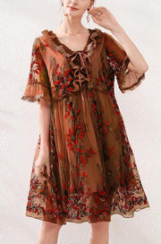 Organic Chocolate Embroidery Lace Butterfly Sleeve Summer Robe Dresses - SooLinen