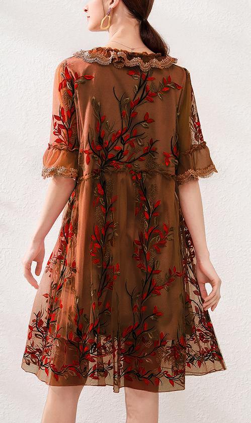 Organic Chocolate Embroidery Lace Butterfly Sleeve Summer Robe Dresses - SooLinen