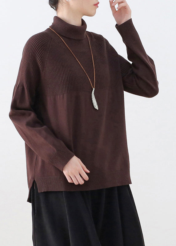 Organic Chocolate Colour Turtleneck Thick Knit Sweaters Long Sleeve