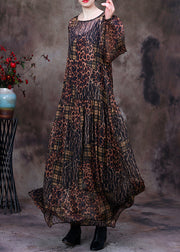 Organic Chocolate O-Neck Print Maxi Dress And Suspenders Two Pieces Set Fall