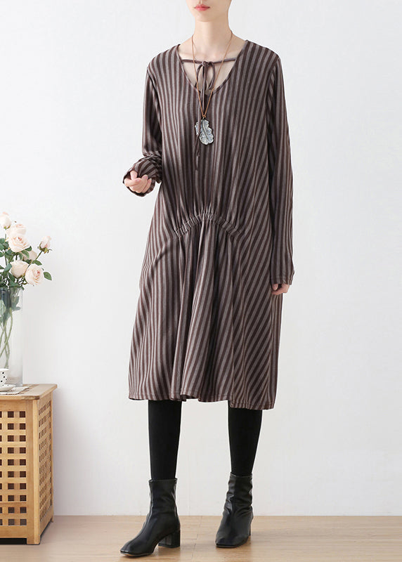 Organic Chocolate V Neck Striped Knitted Cotton Thread Maxi Dress Fall