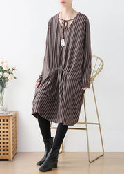 Organic Chocolate V Neck Striped Knitted Cotton Thread Maxi Dress Fall