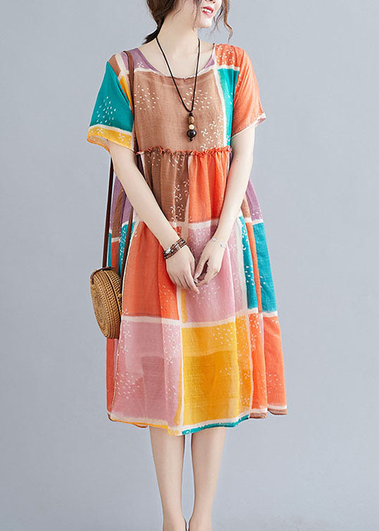 Organic Colorblock Block Print Ruffled Linen Maxi Dress Short Sleeve