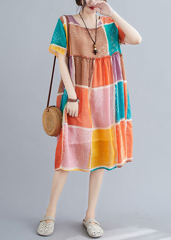 Organic Colorblock Block Print Ruffled Linen Maxi Dress Short Sleeve
