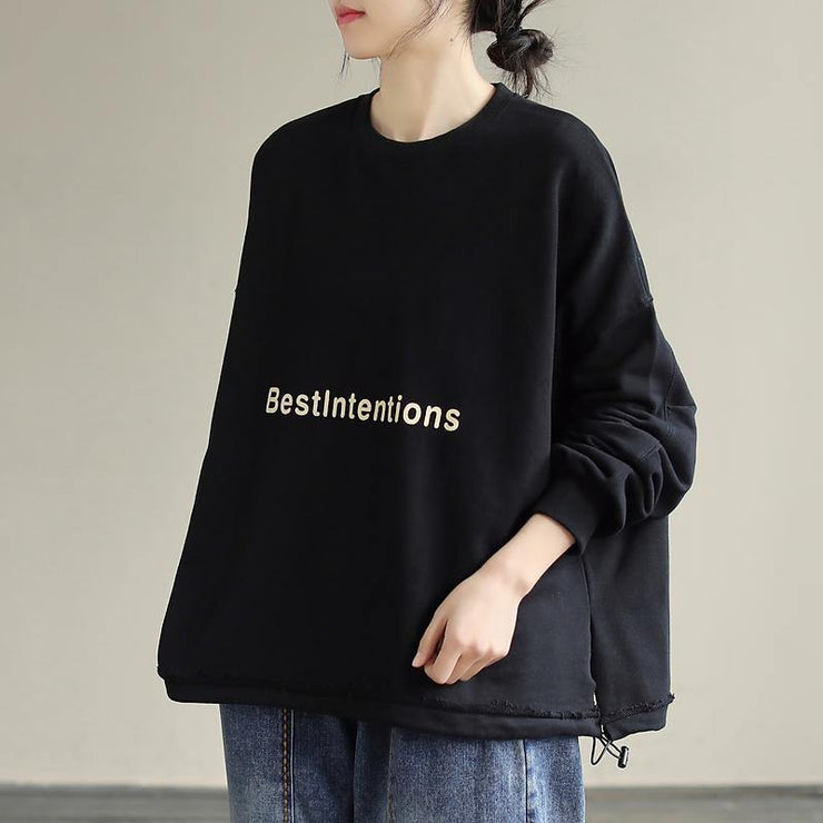 Organic Drawstring cotton Alphabet Prints Top Silhouette Sleeve Black Sweatshirt - SooLinen
