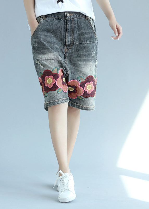 Organic Gray Pockets Patchwork Embroidered Shorts Summer