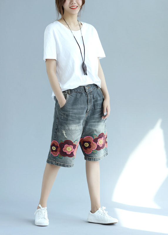 Organic Gray Pockets Patchwork Embroidered Shorts Summer