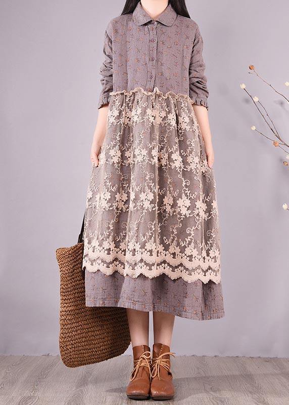 Organic Gray Print Wardrobes Patchwork Lace Long Spring Dresses - SooLinen