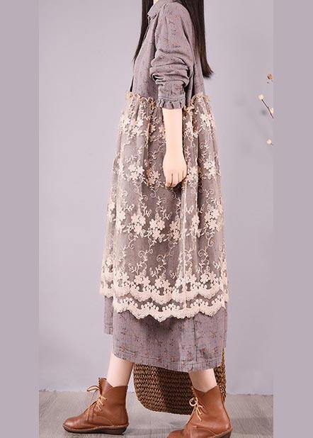 Organic Gray Print Wardrobes Patchwork Lace Long Spring Dresses - SooLinen