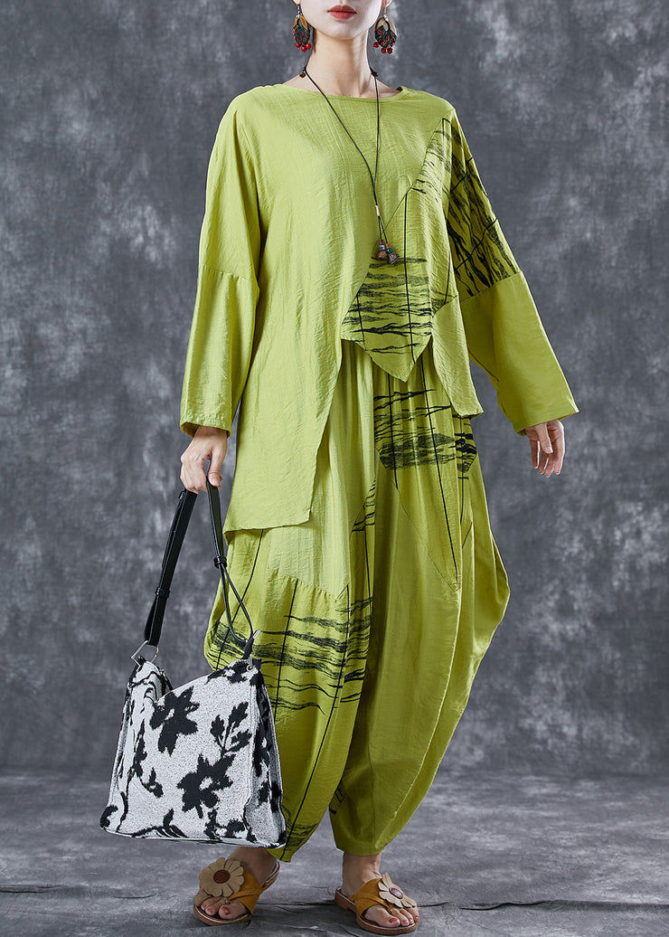 Organic Green Asymmetrical Patchwork Cotton Two Piece Set Women Clothing Summer