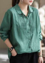 Organic Green Button Wrinkled Peter Pan Collar Linen Blouses Long Sleeve