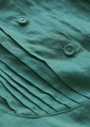 Organic Green Button Knitted Bubikragen Leinenblusen mit langen Ärmeln