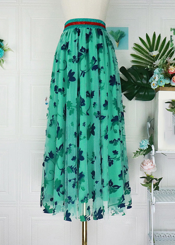 Organic Green Elastic Waist Floral Tulle A Line Skirt Spring