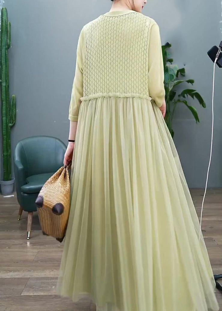 Organic Green Hollow Out O-Neck Tüll Patchwork Langes Kleid Zweiteiler Set Langarm