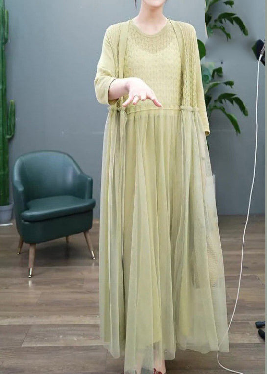 Organic Green Hollow Out O-Neck Tüll Patchwork Langes Kleid Zweiteiler Set Langarm