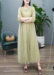 Organic Green Hollow Out O-Neck Tulle Patchwork Long dress Two Pieces Set Long Sleeve