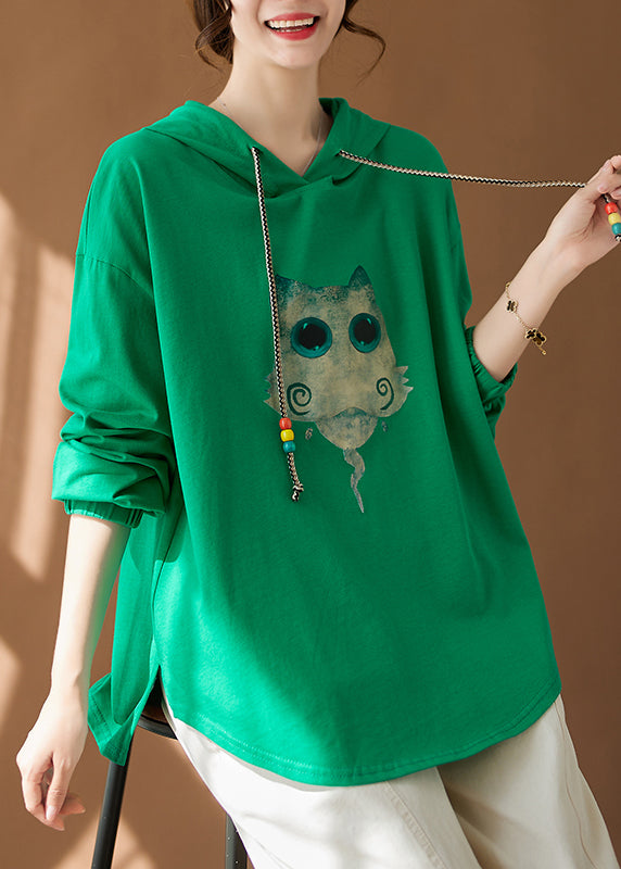 Organic Green Hooded Print Cotton Sweatshirts Tracksuits Fall