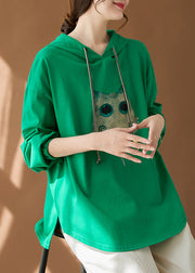 Organic Green Hooded Print Cotton Sweatshirts Tracksuits Fall