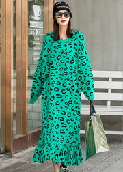 Organic Green Leopard Knit Fall Vacation Dresses Long Sleeve