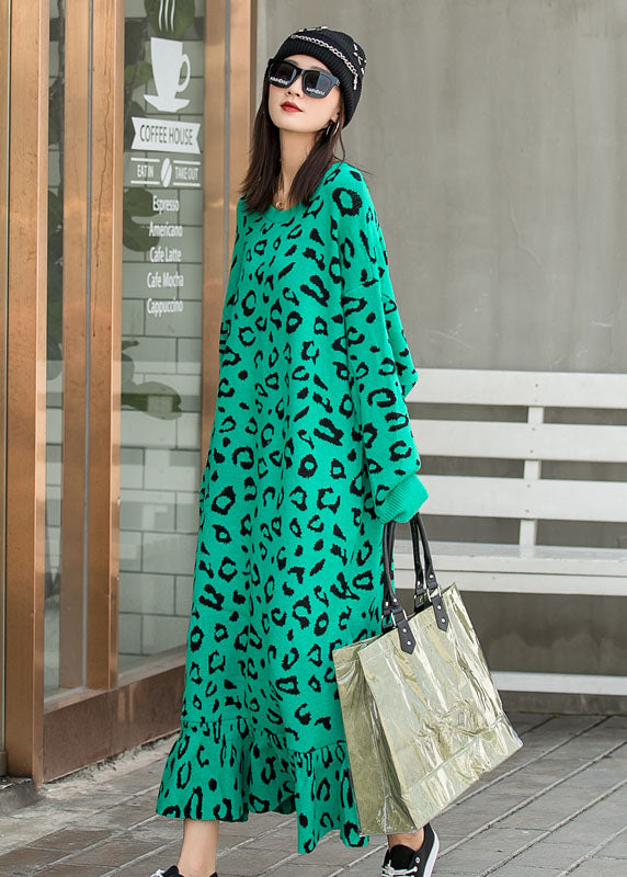 Organic Green Leopard Knit Fall Vacation Dresses Long Sleeve