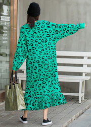 Organic Green Leopard Knit Fall Vacation Kleider mit langen Ärmeln