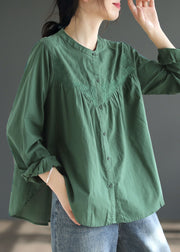 Organic Green O Neck Embroidered Cotton Shirts Spring