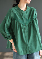 Organic Green O Neck Embroidered Cotton Shirts Spring