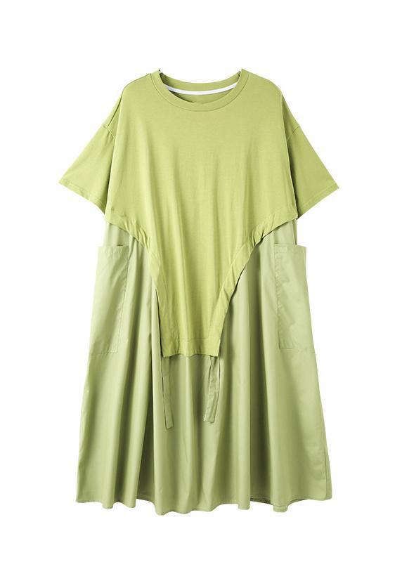 Organic Green O-Neck Loose Ankle Summer Cotton Dress - SooLinen