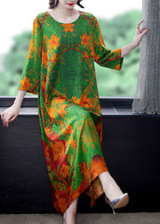 Organic Green O-Neck Print Long Dresses Spring