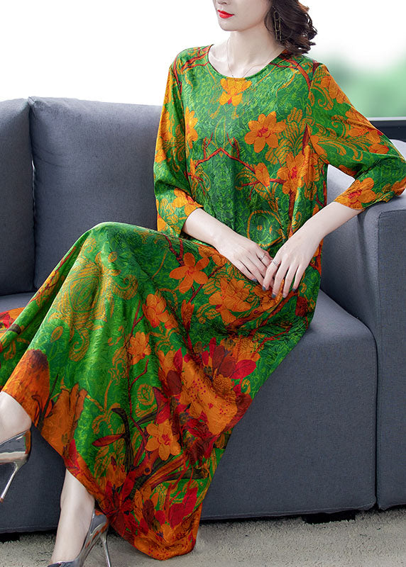 Organic Green O-Neck Print Long Dresses Spring
