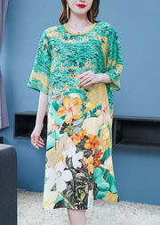 Organic Green O Neck Print Patchwork Chiffon Mid Dress Summer