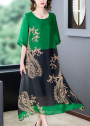 Organic Green O Neck Print Pockets Patchwork Silk Long Dresses Summer