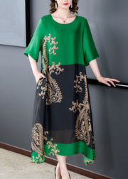Organic Green O Neck Print Pockets Patchwork Silk Long Dresses Summer