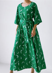 Organic Green O-Neck Print Silk Maxi Dress Long Sleeve