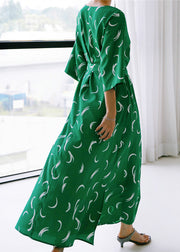 Organic Green O-Neck Print Maxikleid aus Seide mit langen Ärmeln