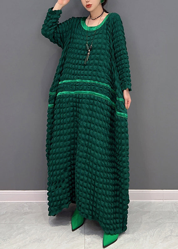 Organic Green O Neck Wrinkled Patchwork Cotton Long Dress Fall