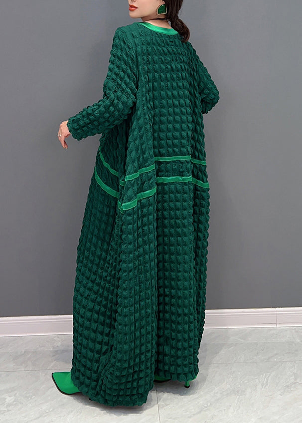 Organic Green O Neck Wrinkled Patchwork Cotton Long Dress Fall