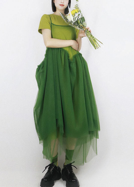 Organic Green Patchwork aushöhlen Tüll Spaghetti-Träger-Kleid lang gesmokt Sommer