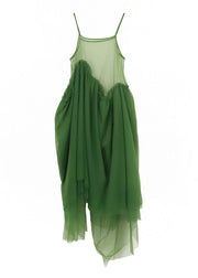 Organic Green Patchwork Hollow Out Tulle Spaghetti Strap Dress Long Smock Summer