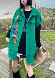 Organic Green Peter Pan Collar Button Pockets Fall Sleeveless Waistcoat - SooLinen