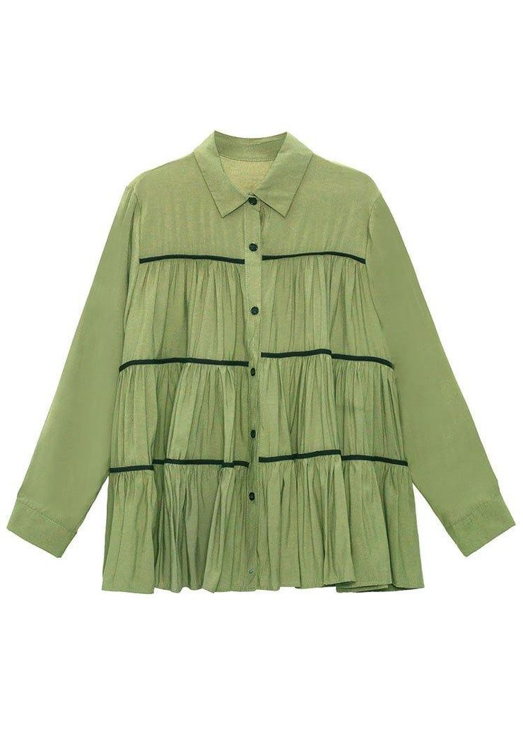 Organic Green PeterPan Collar Button Wrinkled Fall Blouses Long Sleeve - SooLinen