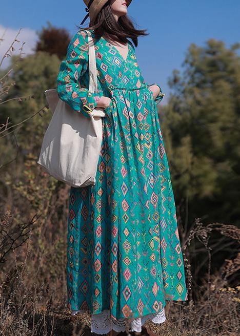 Organic Green Print dress V-Neck Spring Dress - SooLinen